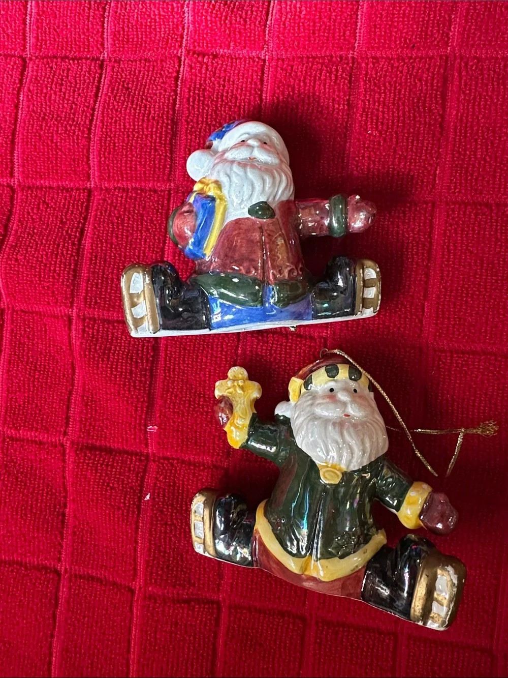 5 Santa Christmas Ornaments Ice Skating Ceramic Resin Bell Holiday Lot Vintage